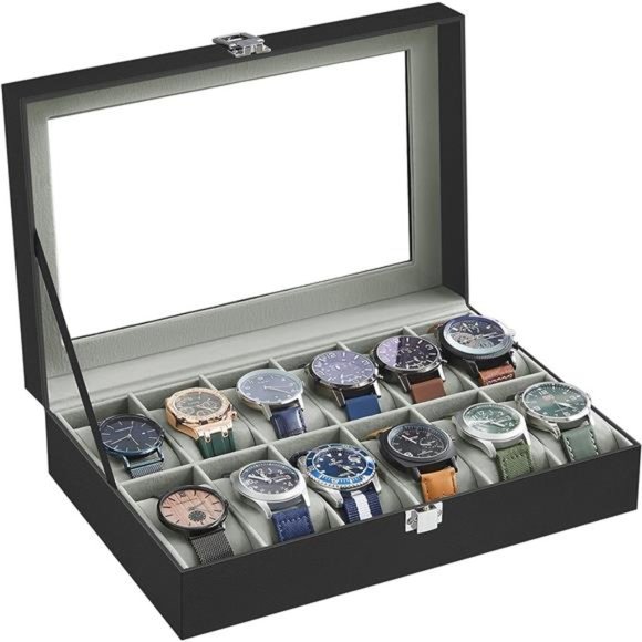 12-Slot Watch Case with Large Glass Lid, Removable Watch Pillows - Picture 1 of 6